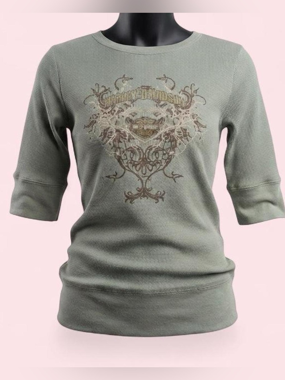 VTG Harley Davidson Thermal Shirt Medium Sage Green Y2K Bella Swan Biker Grunge